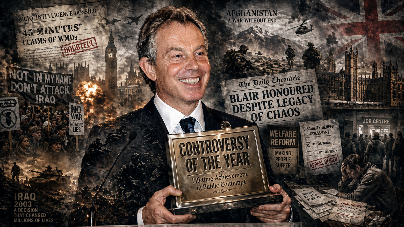 Satirical double exposure image of Tony Blair holding a “Controversy of the Year” award, surrounded by imagery referencing Iraq, Afghanistan, welfare reform and disability benefit assessments.
