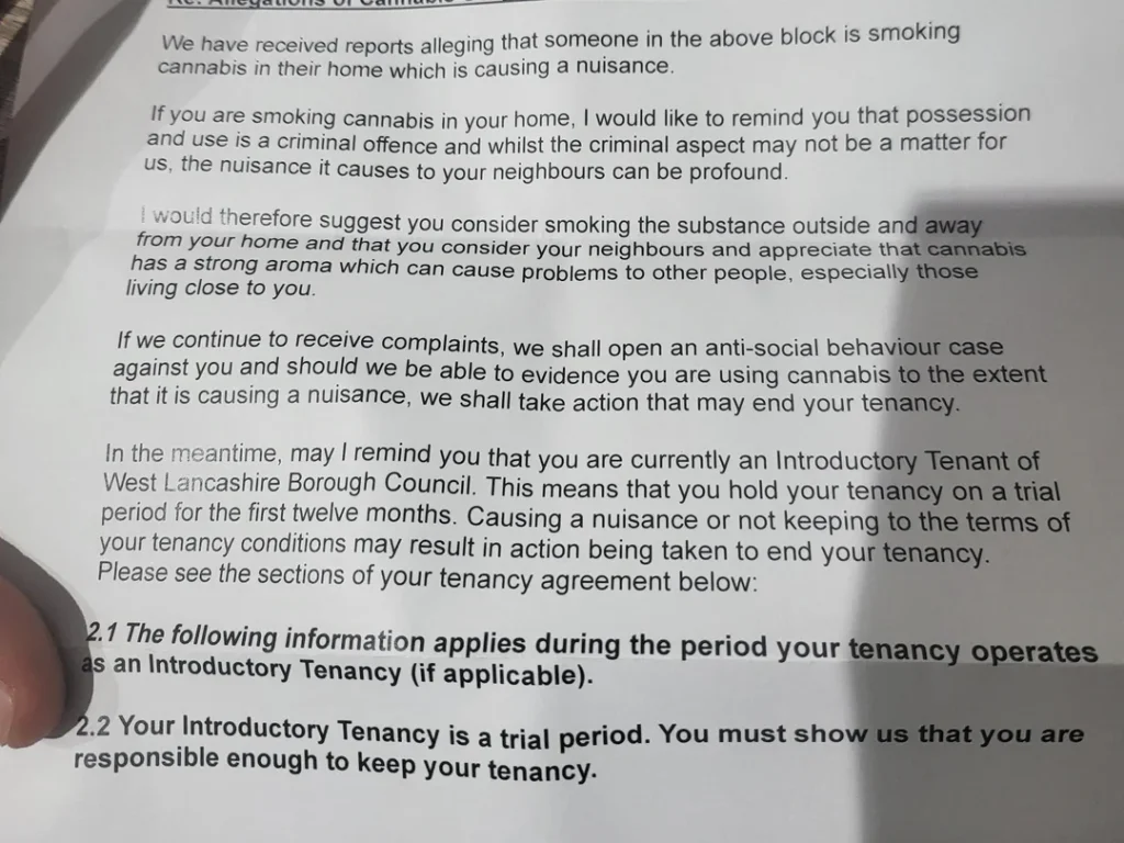 West Lancashire Borough Council housing letter warning that cannabis use may lead to anti-social behaviour action and possible loss of tenancy, shared in a Reddit thread about prescribed medical cannabis.