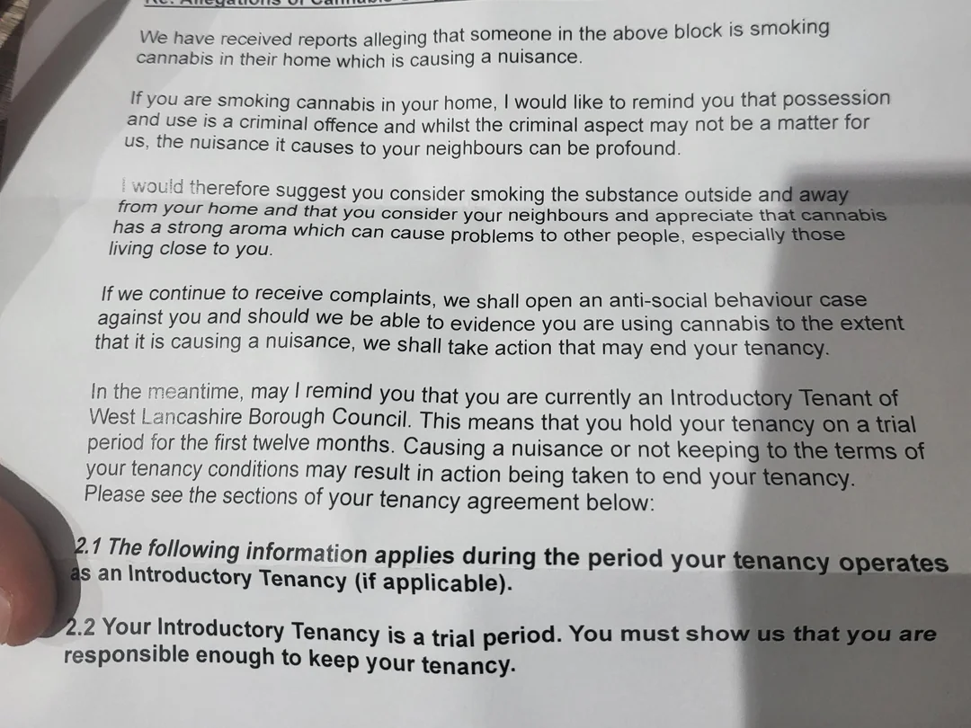 West Lancashire Borough Council housing letter warning that cannabis use may lead to anti-social behaviour action and possible loss of tenancy, shared in a Reddit thread about prescribed medical cannabis.