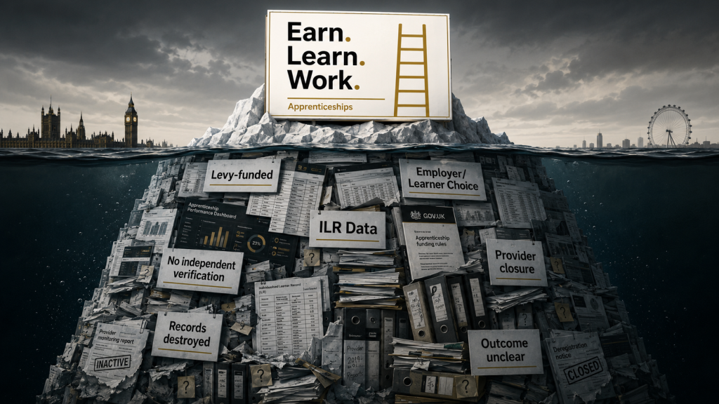 Illustration of a polished apprenticeship advert above water with hidden records, funding labels and unclear outcomes below.