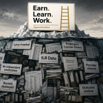 Illustration of a polished apprenticeship advert above water with hidden records, funding labels and unclear outcomes below.