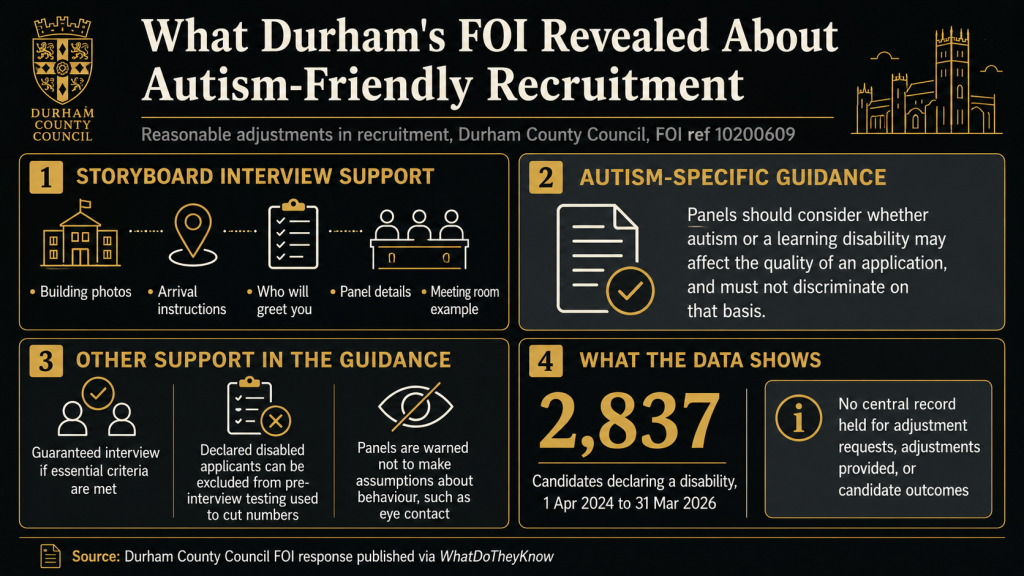 Infographic summarising Durham County Council’s FOI disclosure on autism-friendly recruitment adjustments, including storyboard interview support, autism-specific guidance, guaranteed interviews, and missing central adjustment data.
