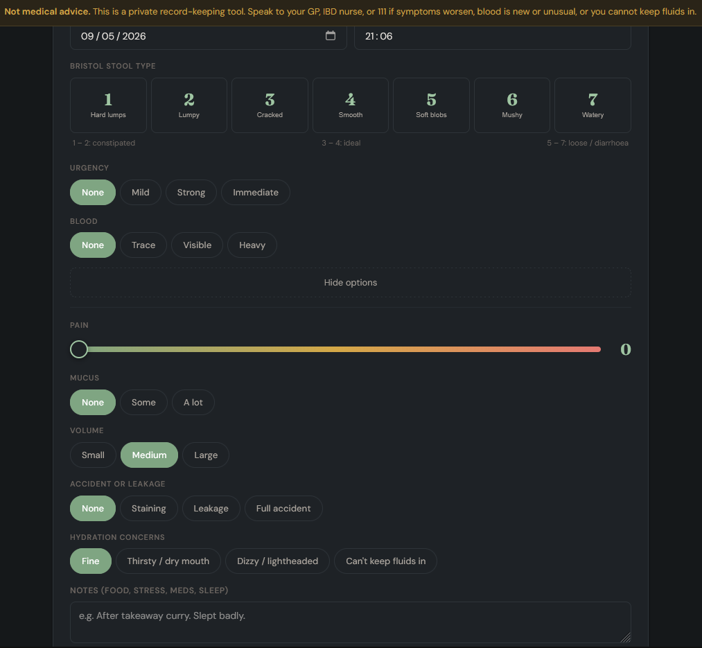 Screenshot of GutCheck Log showing a private bowel symptom entry form with Bristol Stool Type, urgency, blood, pain, mucus, volume, accident or leakage, hydration concerns and notes fields.