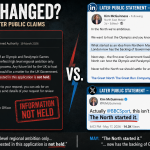 Graphic contrasting a March FOI response stating that information on the Great North Olympics proposal was “not held” with later public statements from Kim McGuinness saying “The North started it” and that the idea came from Northern Mayors.