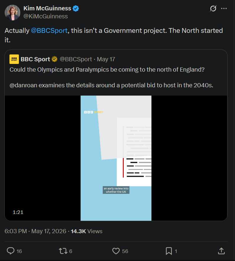 Kim McGuinness post stating that the Great North Olympics proposal is not a Government project and that the North started it.