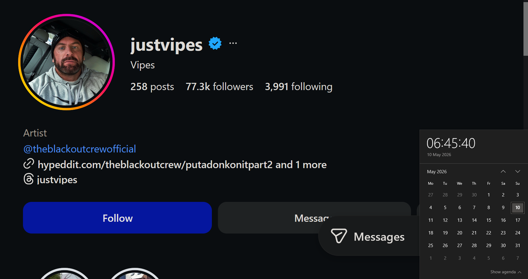 Instagram profile for MC Viper showing the justvipes account linked to The Blackout Crew official account