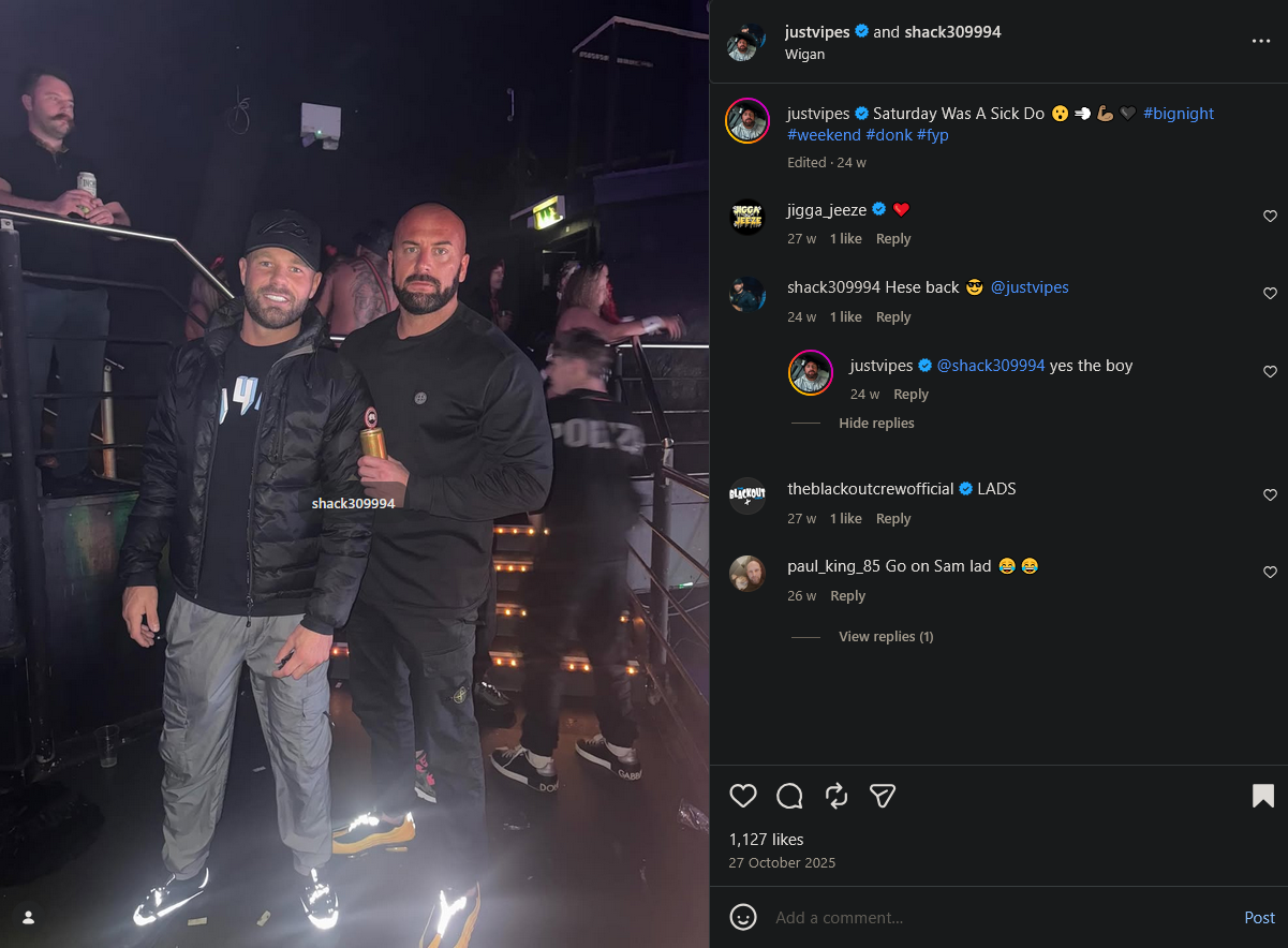Instagram post by MC Viper tagged in Wigan showing Sam Shackleton and a comment from The Blackout Crew official account