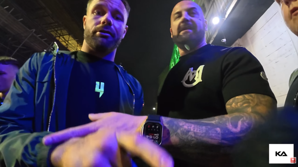 Still from Knockout Audit’s Wigan video showing MC Viper and Sam Shackleton during the confrontation