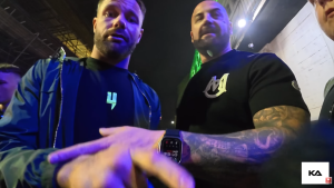 Still from Knockout Audit’s Wigan video showing MC Viper and Sam Shackleton during the confrontation
