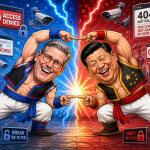 Satirical cartoon of Keir Starmer and Xi Jinping laughing while performing a fusion-style pose in front of VPN, censorship, firewall and surveillance symbols.