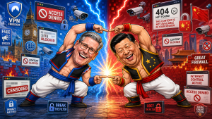 Satirical cartoon of Keir Starmer and Xi Jinping laughing while performing a fusion-style pose in front of VPN, censorship, firewall and surveillance symbols.