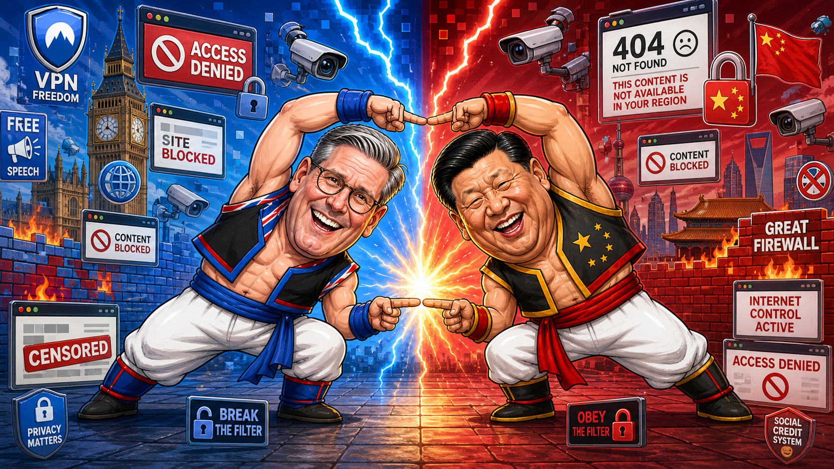 Satirical cartoon of Keir Starmer and Xi Jinping laughing while performing a fusion-style pose in front of VPN, censorship, firewall and surveillance symbols.