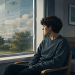 An autistic or disabled person sits in a care room looking out of a window, with faint paperwork and review forms reflected in the glass.
