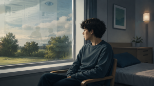 An autistic or disabled person sits in a care room looking out of a window, with faint paperwork and review forms reflected in the glass.