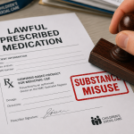 A lawful prescribed medication document is stamped “Substance Misuse”, representing medical treatment being wrongly treated as drug misuse.
