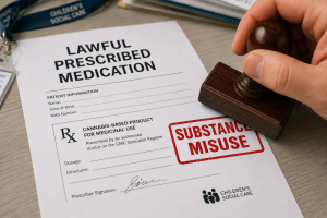A lawful prescribed medication document is stamped “Substance Misuse”, representing medical treatment being wrongly treated as drug misuse.