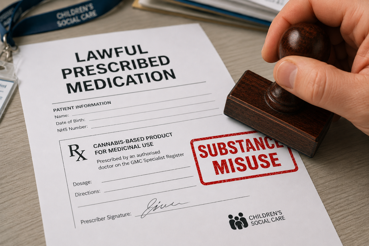 A lawful prescribed medication document is stamped “Substance Misuse”, representing medical treatment being wrongly treated as drug misuse.