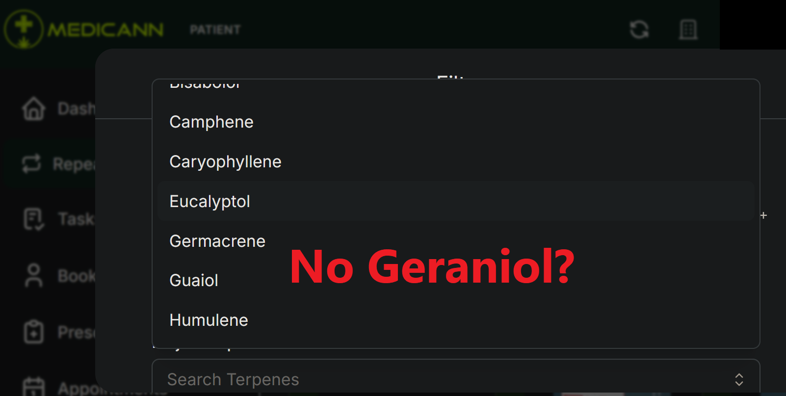 Screenshot of the terpene filter dropdown inside a Medicann patient portal account, listing terpenes in alphabetical order: Bisabolol, Camphene, Caryophyllene, Eucalyptol, Germacrene, Guaiol, Humulene. There is no Geraniol entry between Eucalyptol and Germacrene, where it would alphabetically appear.