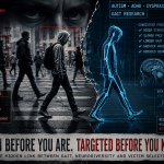 Illustration of a lone pedestrian crossing a city street beside a clinical gait-analysis figure, showing the proposed link between victim selection research, neurodivergent movement differences and physical vulnerability.