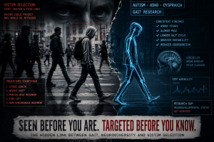 Illustration of a lone pedestrian crossing a city street beside a clinical gait-analysis figure, showing the proposed link between victim selection research, neurodivergent movement differences and physical vulnerability.
