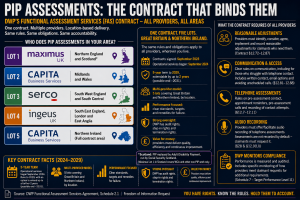 Infographic explaining DWP’s Functional Assessment Services contract for PIP assessments. It lists five location-based lots: Maximus in Northern England and Scotland, Capita in the Midlands and Wales, Serco in South West England and South Central, Ingeus in South East England, London and East Anglia, and Capita in Northern Ireland. It also summarises provider duties on reasonable adjustments, accessible communication, telephone assessments, audio recording and DWP compliance monitoring.