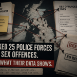 Investigative graphic showing a UK map pinned with police-force data documents, FOI paperwork and red connecting lines, alongside the headline: “We asked 25 police forces about sex offences. Here’s what their data shows.”