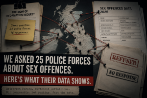 Investigative graphic showing a UK map pinned with police-force data documents, FOI paperwork and red connecting lines, alongside the headline: “We asked 25 police forces about sex offences. Here’s what their data shows.”