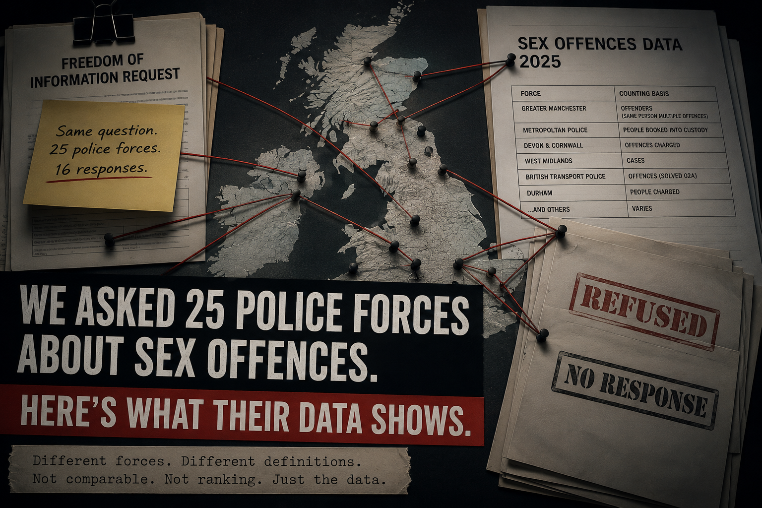 Investigative graphic showing a UK map pinned with police-force data documents, FOI paperwork and red connecting lines, alongside the headline: “We asked 25 police forces about sex offences. Here’s what their data shows.”