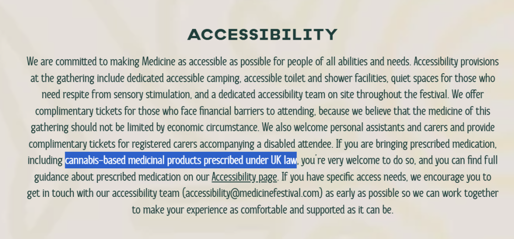 Medicine Festival accessibility policy welcoming cannabis-based medicinal products prescribed under UK law