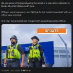 Screenshot of a West Midlands Police (@BrumPolice) post on X dated 2 July 2026, stating officers found a group of men fighting on Broad Street and that one man was arrested and charged with assaulting a police officer.