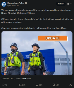 Screenshot of a West Midlands Police (@BrumPolice) post on X dated 2 July 2026, stating officers found a group of men fighting on Broad Street and that one man was arrested and charged with assaulting a police officer.