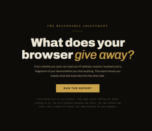 Digital Exposure Report page asking “What does your browser give away?” with a button to run the privacy report.