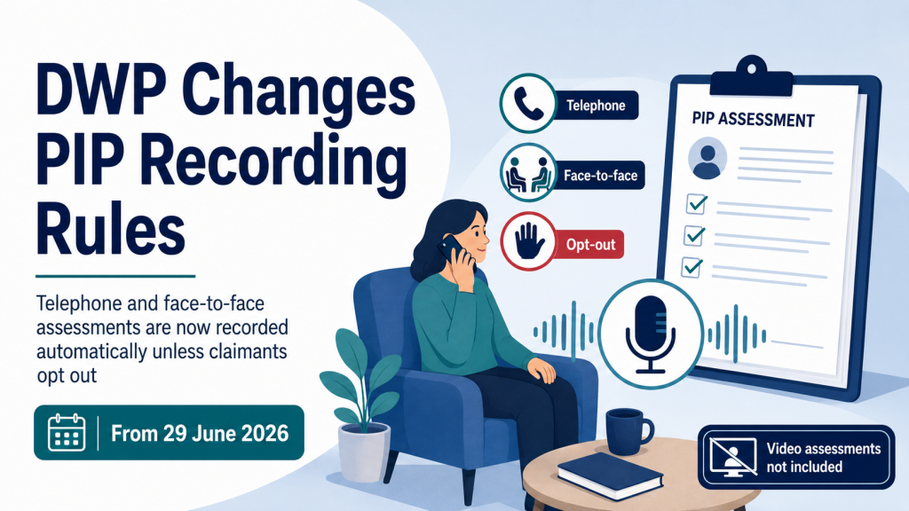 DWP PIP recording rules graphic showing telephone and face-to-face assessments recorded automatically unless claimants opt out from 29 June 2026