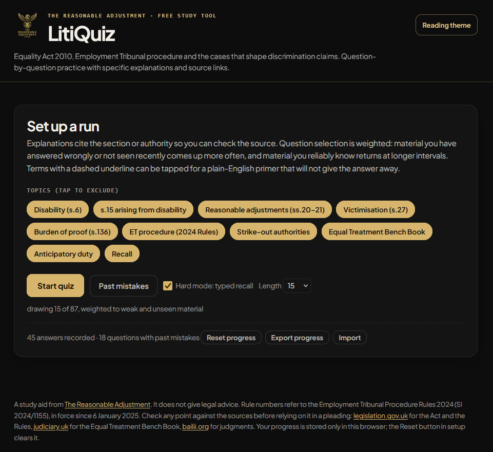 Screenshot of LitiQuiz, a free Equality Act 2010 and Employment Tribunal practice tool by The Reasonable Adjustment, showing topic filters, quiz settings, hard mode and progress tracking.