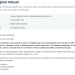Medicine Festival email refusing to admit cannabis on site even where it had been prescribed