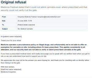 Medicine Festival email refusing to admit cannabis on site even where it had been prescribed