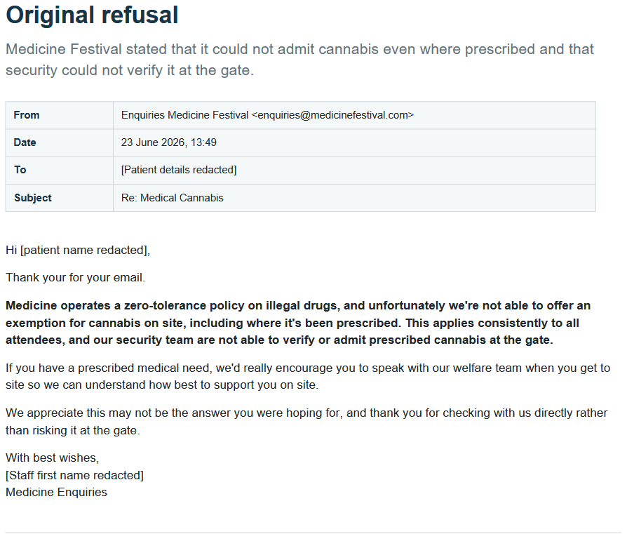 Medicine Festival email refusing to admit cannabis on site even where it had been prescribed