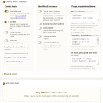 ReasonableRedactor interface showing redaction options for contact details, identifiers, organisations, key terms and PDF uploads.