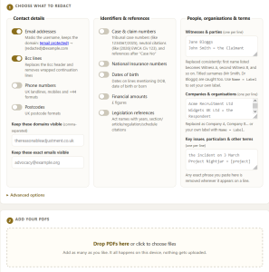 ReasonableRedactor interface showing redaction options for contact details, identifiers, organisations, key terms and PDF uploads.