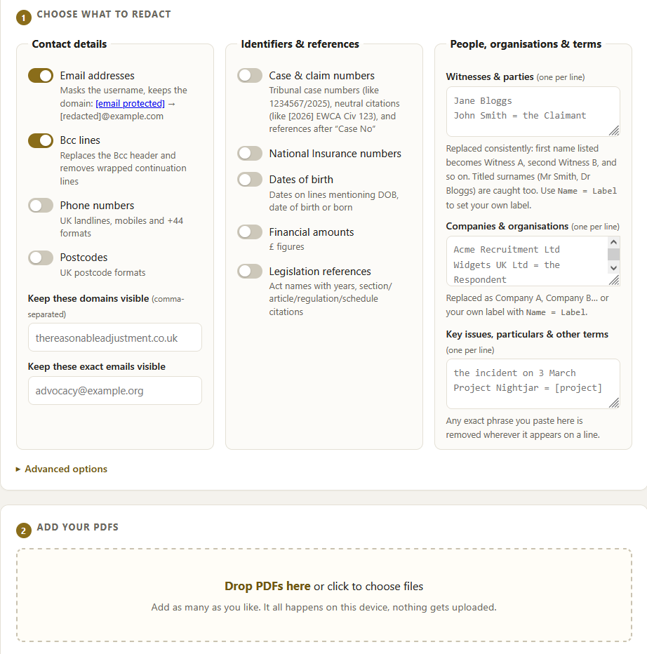 ReasonableRedactor interface showing redaction options for contact details, identifiers, organisations, key terms and PDF uploads.