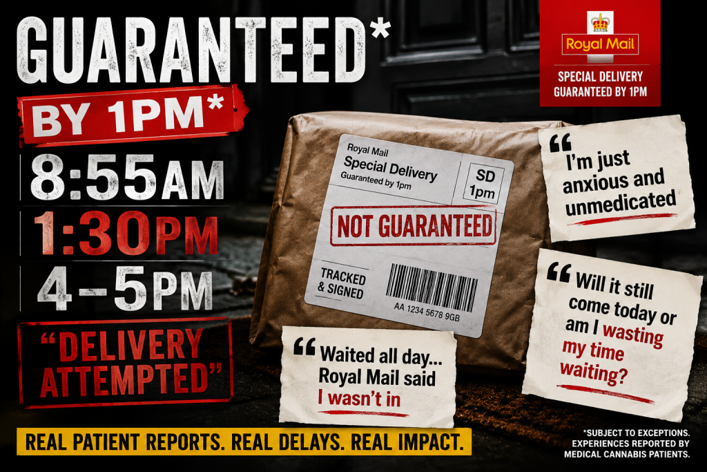 Featured graphic showing a Royal Mail Special Delivery parcel, delivery times from 8:55am to 5pm, and quotes from medical cannabis patients reporting delays and failed delivery attempts.