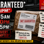 Featured graphic showing a Royal Mail Special Delivery parcel, delivery times from 8:55am to 5pm, and quotes from medical cannabis patients reporting delays and failed delivery attempts.