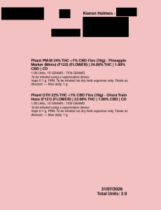 Redacted Medicann electronic prescription showing medication details but no visible clinic, prescriber or pharmacy information