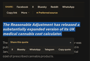 TRSA article showing highlighted text with Share this quote options for X, Bluesky, WhatsApp, Telegram and copy quote