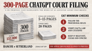 Infographic comparing a 300-page, almost 132,000-word ChatGPT court filing with the EAT’s usual guidance of 5–15 pages.