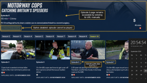 Annotated Channel 5 page showing the Season 10 guide skip from Episode 5 to Episode 7 and a disabled button on the Episode 6 page